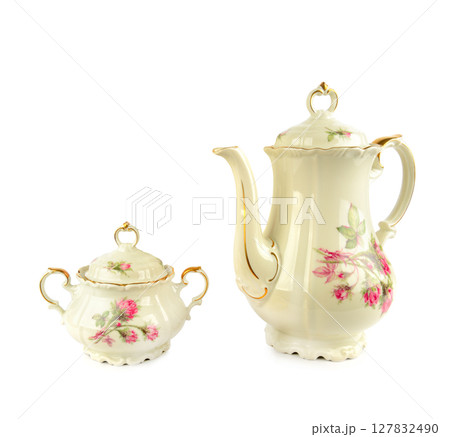 Porcelain vintage coffee pot and sugar bowl isolated on white. 127832490