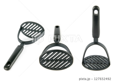 Set of potato mashers isolated on white. Collage. 127832492