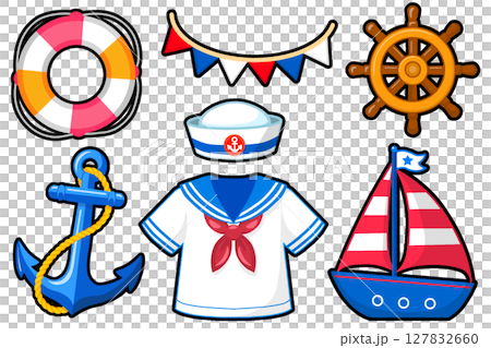 可愛的海洋主題插圖集（帶黑色邊框） 127832660