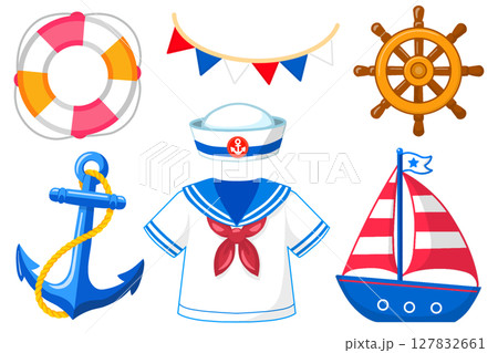 かわいいマリンモチーフのイラストセット〈白ふちあり〉 127832661