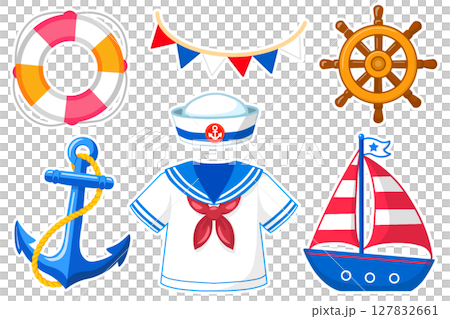 Cute marine motif illustration set (with white border) Cute marine motif illustration set (with white border) 127832661