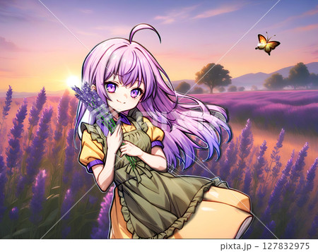 夕日のラベンダー畑と女の子 127832975