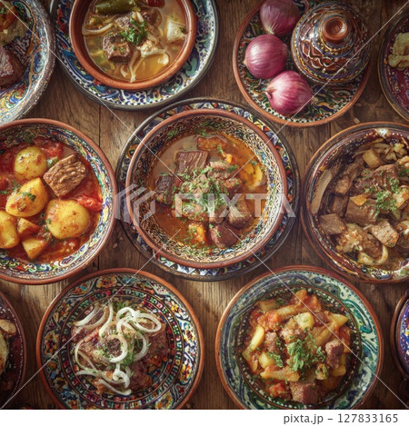 Abundant Spread of Traditional Central Asian Middle Eastern Cuisine A Feast for the Senses 127833165