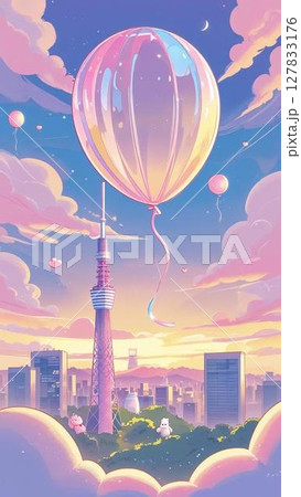 夢空に浮かぶキャンディ気球とスカイツリーの街 127833176