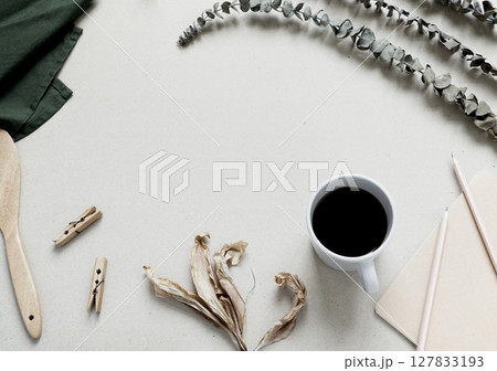 Organic real photo taken still life objects flat lay copy space eucalyptus coffee white background 127833193