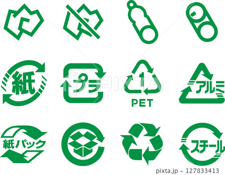 ゴミ分別マークのセット（グリーンver.） 127833413