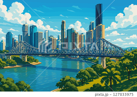 Midday Brisbane panorama with Story Bridge, riverfront towers and trees Midday Brisbane panorama with Story Bridge, riverfront towers and trees 127833975