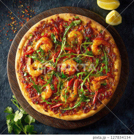Gourmet Seafood Sensation Spicy Shrimp Pizza with Arugula and Fresh Lemon Zest A Culinary Masterpiece for Discerning Palates 127834134