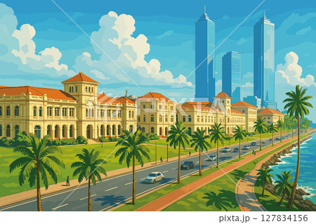 Tropical Colombo panorama with colonial facades and ocean breeze Tropical Colombo panorama with colonial facades and ocean breeze 127834156