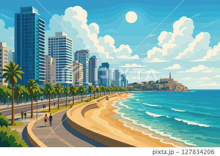 Coastal Tel Aviv panorama with beachfront, modern towers and old Jaffa 127834206