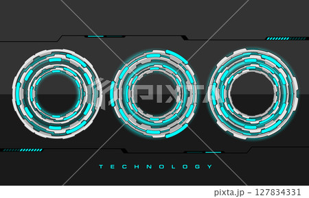Set of sci fi blue neon white metal circle user interface elements technology futuristic design modern creative on black background vector 127834331