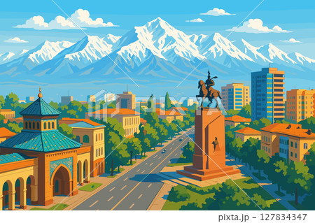Bishkek Cityscape with Snowy Mountains and Broad Streets 127834347