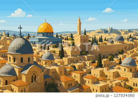 Jerusalem Midday View with Domes and Historic Sites 127834360