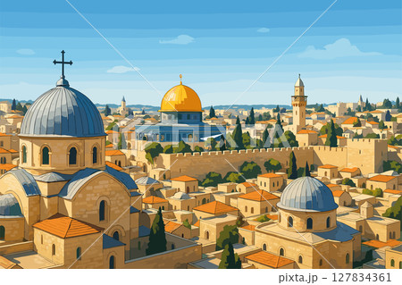 Jerusalem Midday View with Domes and Historic Sites Jerusalem Midday View with Domes and Historic Sites 127834361