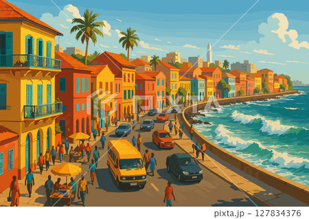 Dakar Coastal View with Waves and Colorful Streets 127834376