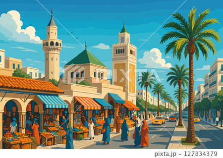 Tunis View with Minarets and Modern Palm-Lined Roads 127834379