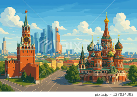 Daylight Moscow panorama with Kremlin and Saint Basil Cathedral Daylight Moscow panorama with Kremlin and Saint Basil Cathedral 127834392