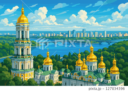 Daylight Kyiv panorama with Pechersk Lavra and Dnipro River 127834396