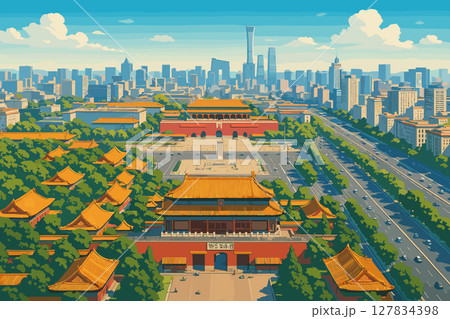 Bright Beijing skyline with Forbidden City and Tiananmen Square 127834398