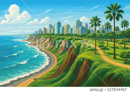 Coastal Lima skyline with Miraflores cliffs and Pacific view 127834407
