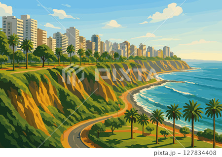 Coastal Lima skyline with Miraflores cliffs and Pacific view 127834408