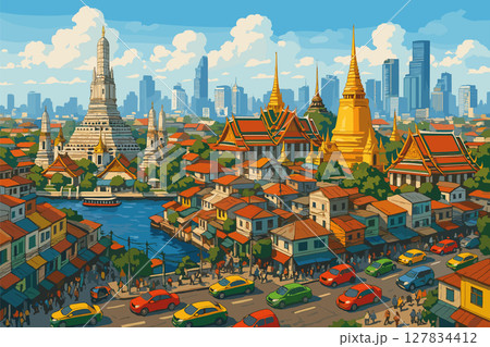 Bustling Bangkok daytime panorama with temples, river Bustling Bangkok daytime panorama with temples, river 127834412