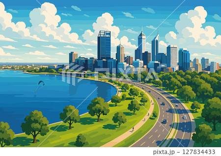 Daytime Perth skyline with Swan River and green waterfront parks 127834433