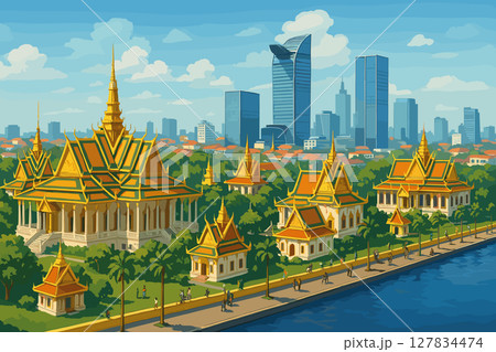 Daytime Skyline of Phnom Penh with Royal Palace and Modern Buildings 127834474