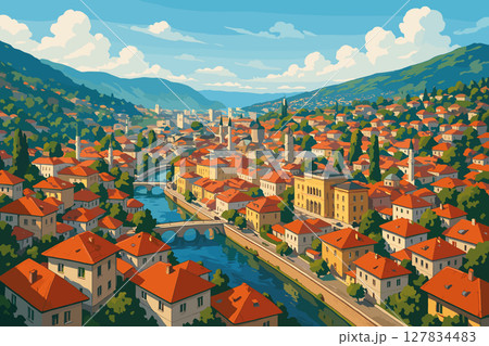 Sarajevo Panorama with River, Red Roofs, and Green Hills 127834483