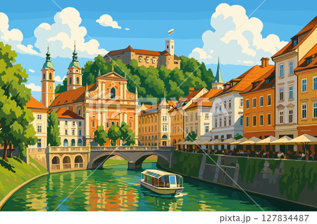 Ljubljana Scene with River, Baroque Buildings, and Hilltop Castle 127834487