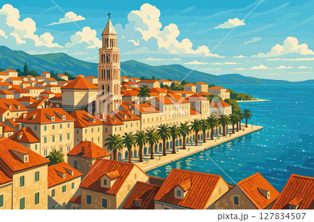 Split View with Diocletian's Palace and Coastal Landscape Split View with Diocletian's Palace and Coastal Landscape 127834507
