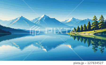 Crystal-clear mountain lake reflecting snow-capped peaks Crystal-clear mountain lake reflecting snow-capped peaks 127834527