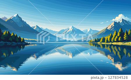 Crystal-clear mountain lake reflecting snow-capped peaks 127834528