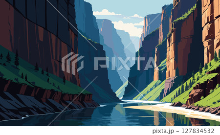 Scenic canyon river flowing between towering cliffs Scenic canyon river flowing between towering cliffs 127834532