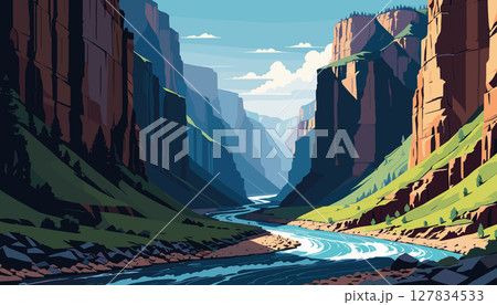 Scenic canyon river flowing between towering cliffs Scenic canyon river flowing between towering cliffs 127834533