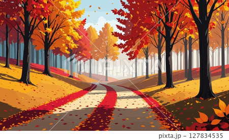 Autumn forest path covered in colorful fallen leaves 127834535