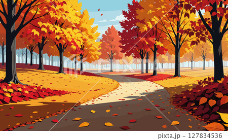 Autumn forest path covered in colorful fallen leaves 127834536