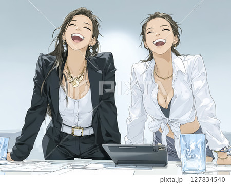 笑顔で打合せする女性のイラスト素材　2人 127834540