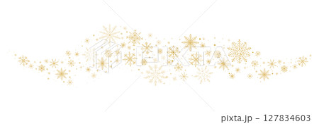 Gold snowflake wave border. Snow golden holiday winter background. Falling snow, garland, star ornament. Flake design element, decoration. Gold snowflake wave border. Snow golden holiday winter background. Falling snow, garland, star ornament. Flake design element, decoration. 127834603