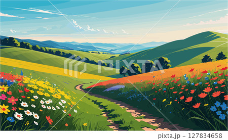 Scenic rolling hills with colorful wildflowers and a winding path 127834658