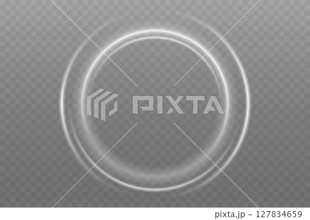 Luminous Spiral Light Twirl with Shiny Wave Motion, White Glowing Particles. Glitter silver neon circle ring frame. Light white Twirl. Curve light effect of white line. Abstract luxury white light 127834659