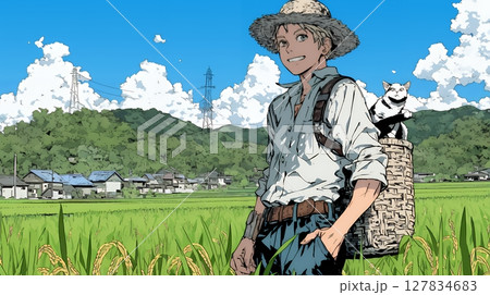 田んぼで農作業をしている男性