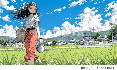 田んぼのあぜ道を歩いている女性