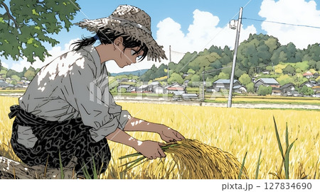 田んぼで農作業をしている女性
