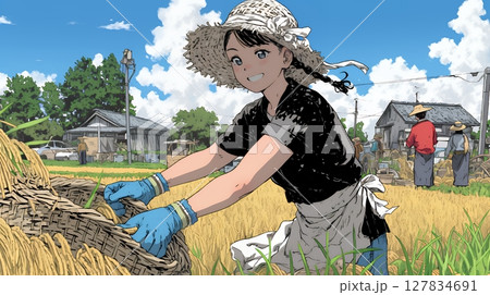 田んぼで農作業をしている女性