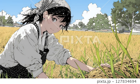 田んぼで農作業をしている女性