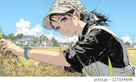 田んぼで農作業をしている女性