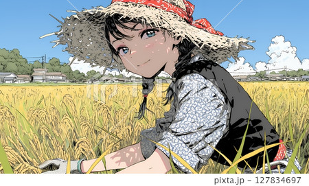 田んぼで農作業をしている女性