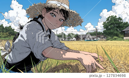 田んぼで農作業をしている女性