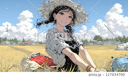 田んぼで農作業をしている女性